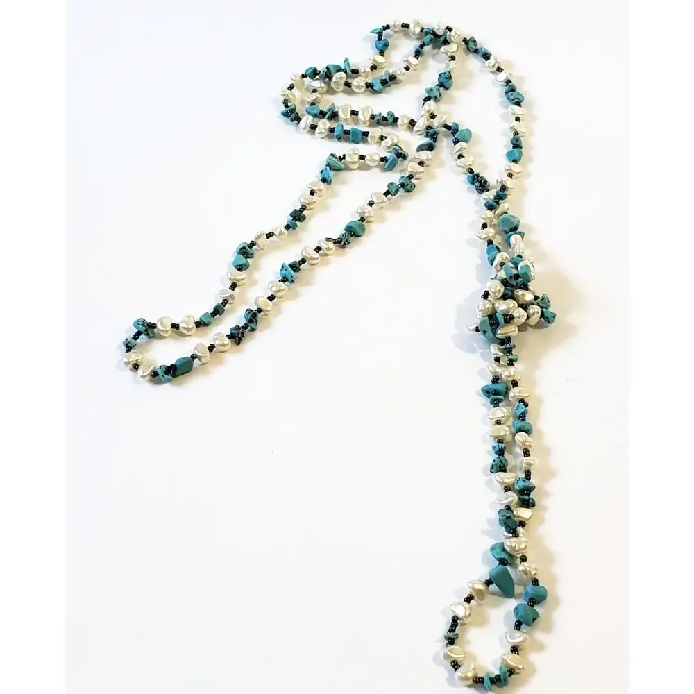 Freshwater Pearl And Turquoise Chip Boho Necklace No Clasp 60